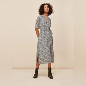Whistles Midi Dress Womens Size 4 Black White Abstract Print Button Front Belted